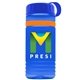 a transparent blue bottle & royal blue lid & orange band groove stripe 20 oz tritan(tm) sports bottle with tethered lid and digital imprint