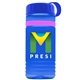 a transparent blue bottle & royal blue lid & pink band groove stripe 20 oz tritan(tm) sports bottle with tethered lid and digital imprint