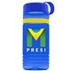 a transparent blue bottle & royal blue lid & yellow band groove stripe 20 oz tritan(tm) sports bottle with tethered lid and digital imprint