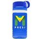 a transparent blue bottle & royal blue lid & white band groove stripe 20 oz tritan(tm) sports bottle with tethered lid and digital imprint