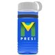 a transparent blue bottle & white lid & black band groove stripe 20 oz tritan(tm) sports bottle with tethered lid and digital imprint