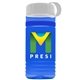 a transparent blue bottle & white lid & blue band groove stripe 20 oz tritan(tm) sports bottle with tethered lid and digital imprint