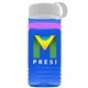 a transparent blue bottle & white lid & pink band groove stripe 20 oz tritan(tm) sports bottle with tethered lid and digital imprint