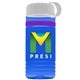 a transparent blue bottle & white lid & violet band groove stripe 20 oz tritan(tm) sports bottle with tethered lid and digital imprint