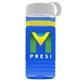 a transparent blue bottle & white lid & yellow band groove stripe 20 oz tritan(tm) sports bottle with tethered lid and digital imprint