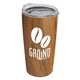 aerial view a woodtone with clear lid the summit - 18 oz stainless steel woodtone tumbler, image 1 of 2