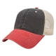 aerial view a black/red/stone washed pigment dyed with washed trucker mesh cap, image 1 of 3