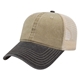 aerial view a khaki/black/stone washed pigment dyed with washed trucker mesh cap, image 1 of 4