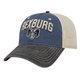 aerial view a navy/black/stone washed pigment dyed with washed trucker mesh cap, image 1 of 5