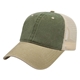aerial view a olive/khaki/stone washed pigment dyed with washed trucker mesh cap, image 1 of 4
