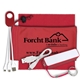 aerial view a red mobile tech power bank accessory kit with charging cables and microfiber cloth in microfiber cinch pack components inserted into microfiber kit, image 1 of 3