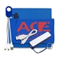 aerial view a royal mobile tech power bank accessory kit with charging cables and microfiber cloth in microfiber cinch pack components inserted into microfiber kit, image 1 of 4