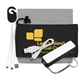 a black mobile tech power bank accessory kit with charging cables and microfiber cloth in microfiber cinch pack components inserted into microfiber kit