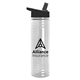 aerial view a clear bottle & black lid slim water bottle, image 1 of 2