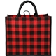 aerial view a red buffalo plaid printed jute tote, image 1 of 6