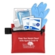 aerial view a red 6 piece take everywhere first aid protection pack in zipper pouch, image 1 of 3
