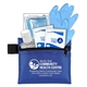aerial view a blue 6 piece take everywhere first aid protection pack in zipper pouch, image 1 of 2