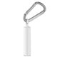 aerial view a white tube with silver tone carabiner spf 15 lip balm in white tube with hook cap and carabiner, image 1 of 2