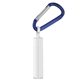aerial view a white tube with blue carabiner spf 15 lip balm in white tube with hook cap and carabiner, image 1 of 2