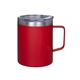 aerial view a red 12 oz vacuum insulated stainless steel coffee mug, image 1 of 2