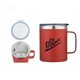 a red 14 oz stainless steel camping mug