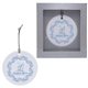 a white w/gray cord & circle style high gloss finish ceramic ornament