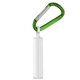 aerial view a white tube with green carabiner spf 15 lip balm in white tube with hook cap and carabiner, image 1 of 2
