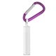 aerial view a white tube with purple carabiner spf 15 lip balm in white tube with hook cap and carabiner, image 1 of 2