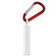 aerial view a white tube with red carabiner spf 15 lip balm in white tube with hook cap and carabiner, image 1 of 2