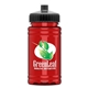 aerial view a black lid & transparent red bottle upcycle - mini 16 oz rpet sports bottle with push - pull lid - digital, image 1 of 2