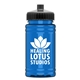 aerial view a black lid & transparent blue bottle upcycle - mini 16 oz rpet sports bottle with push - pull lid, image 1 of 2