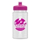 aerial view a pink lid & eco white bottle upcycle - mini 16 oz rpet sports bottle with push - pull lid, image 1 of 2