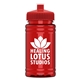 aerial view a red lid & transparent red bottle upcycle - mini 16 oz rpet sports bottle with push - pull lid, image 1 of 2