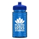 aerial view a royal blue lid & transparent blue bottle upcycle - mini 16 oz rpet sports bottle with push - pull lid, image 1 of 2