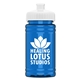 aerial view a white lid & transparent blue bottle upcycle - mini 16 oz rpet sports bottle with push - pull lid, image 1 of 2