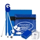 a royal blue techtime plus mobile tech charging kit with earbuds, charging cable and charger in zipper pack components inserted into polyester zipper kit