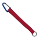 aerial view a red lanyard & blue carabiner 3/4 sewn polyester keychain with metal split - ring strap and carabiner, image 1 of 2