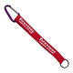 aerial view a red lanyard & purple carabiner 3/4 sewn polyester keychain with metal split - ring strap and carabiner, image 2 of 2