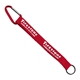 aerial view a red lanyard & red carabiner 3/4 sewn polyester keychain with metal split - ring strap and carabiner, image 2 of 2