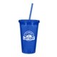 aerial view a translucent blue with matching straw 16 oz double wall acrylic tumbler with straw, image 2 of 2