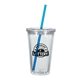 aerial view a translucent clear with blue straw 16 oz double wall acrylic tumbler with straw, image 2 of 2