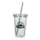 aerial view a translucent clear with green straw 16 oz double wall acrylic tumbler with straw, image 2 of 2