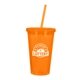 aerial view a translucent orange with matching straw 16 oz double wall acrylic tumbler with straw, image 2 of 2