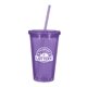 aerial view a translucent purple with matching straw 16 oz double wall acrylic tumbler with straw, image 2 of 2