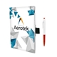 aerial view a red 5 x 7 perfect paper cover notebook with pen, image 1 of 2