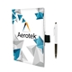 aerial view a black 5 x 7 perfect paper cover notebook with pen, image 1 of 2