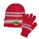 aerial view a red with gray cuff beanie and gloves set, image 1 of 2