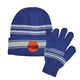 aerial view a royal blue with gray cuff beanie and gloves set, image 1 of 2