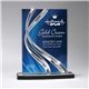 a clear with blue small sweeping ribbon award
