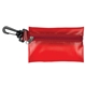 aerial view a trans red mask sanitizing protection pack in translucent zipper kit with plastic hook attachment, image 1 of 3